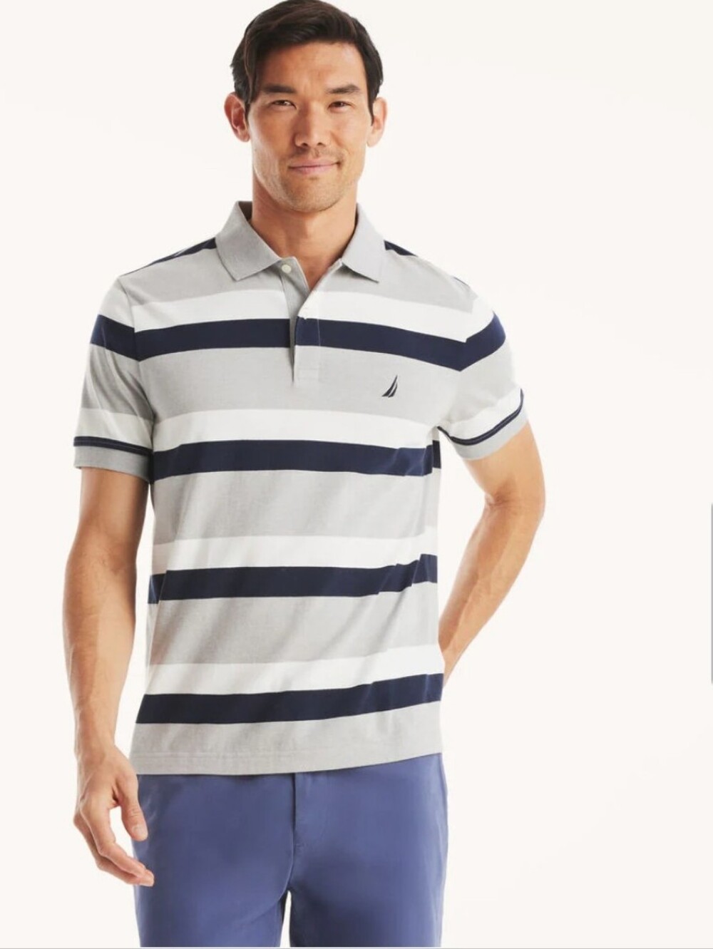 Nautica Grey, White & Navy Striped Polo